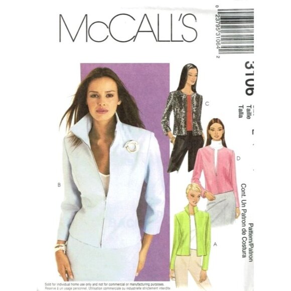 McCalls Sewing Pattern 3106 Lined Jacket Coat Blazer Misses Size 12-16 - Picture 1 of 2